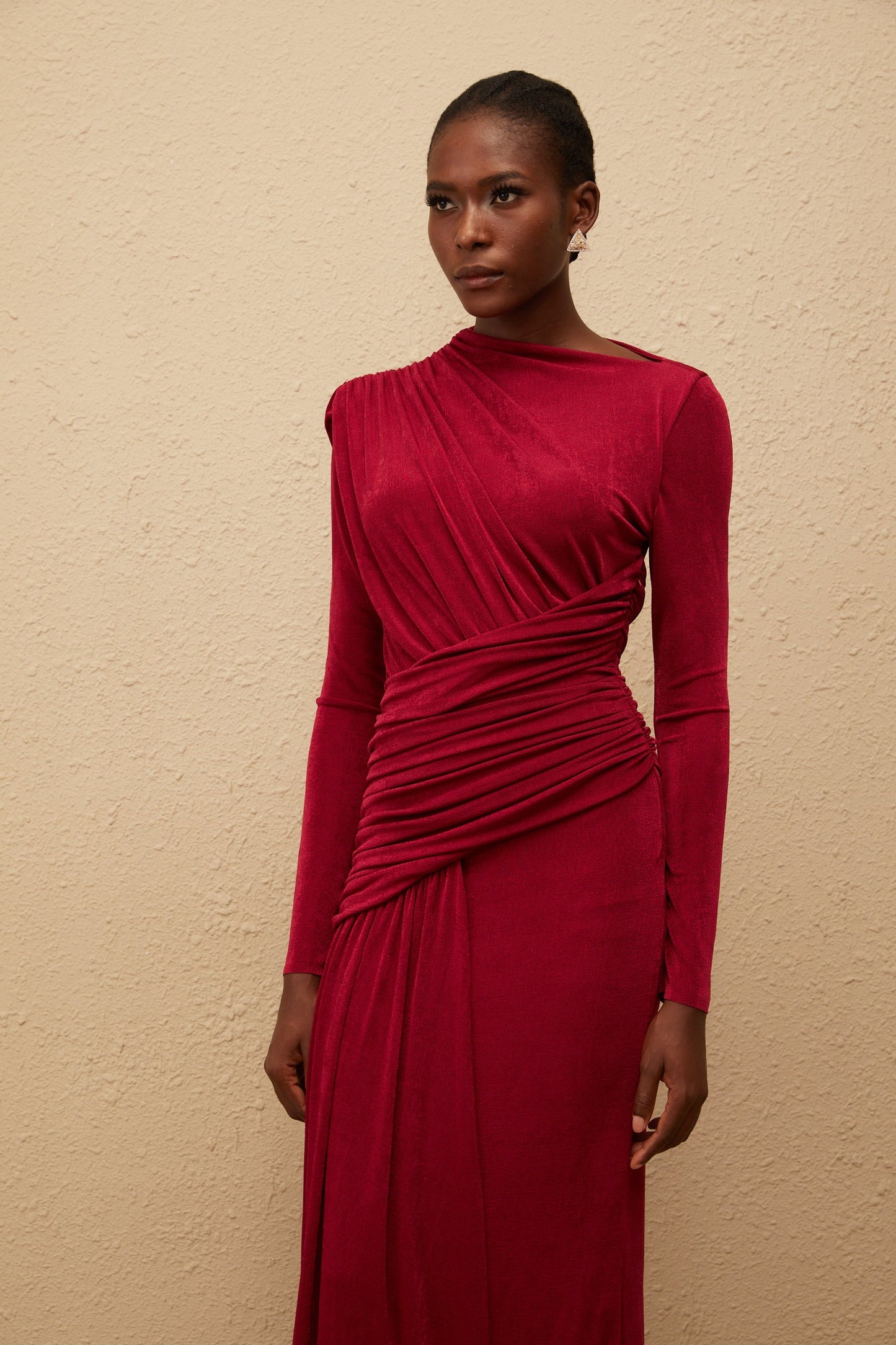 Charme Red Ruched Maxi Dress