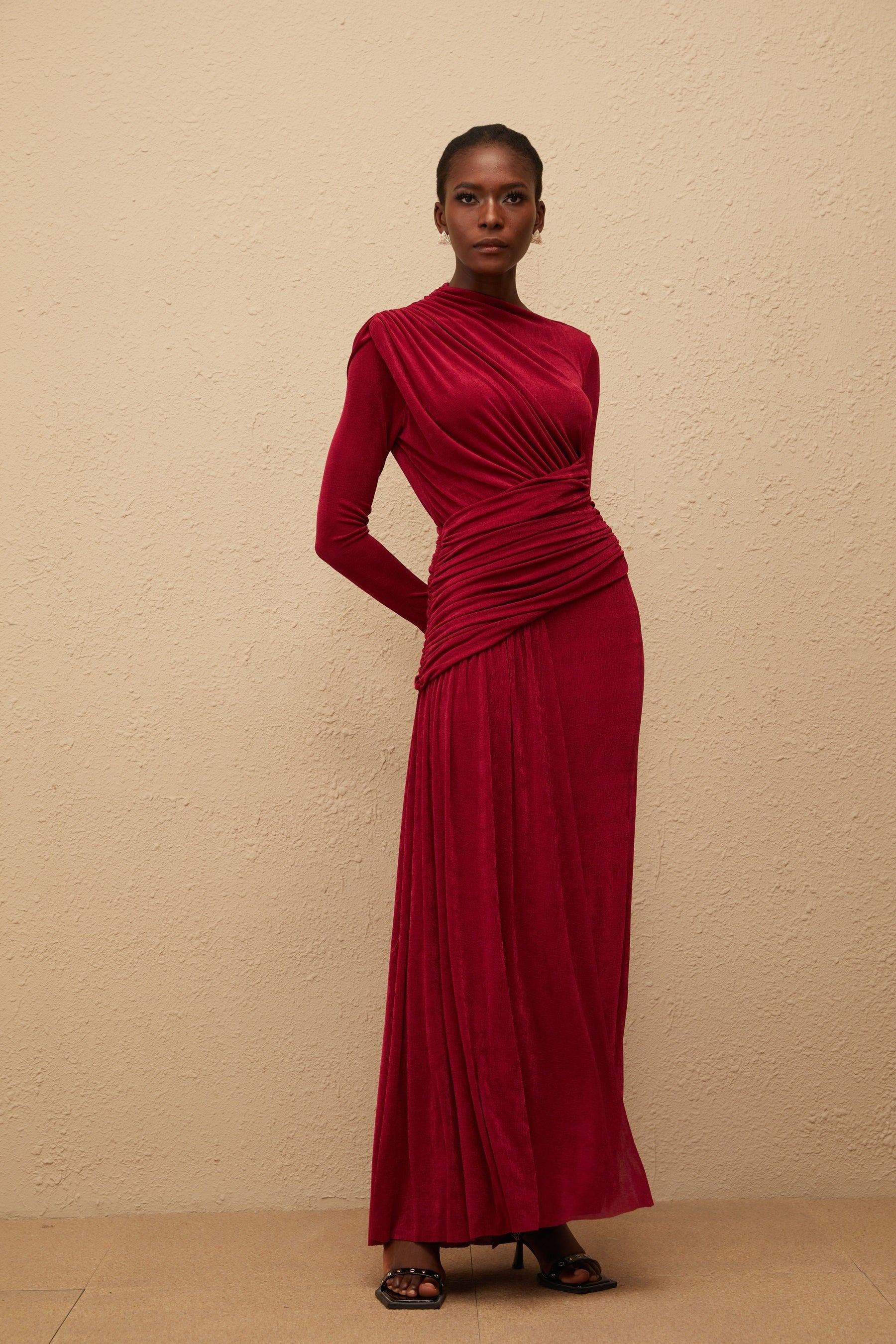 Charme Red Ruched Maxi Dress