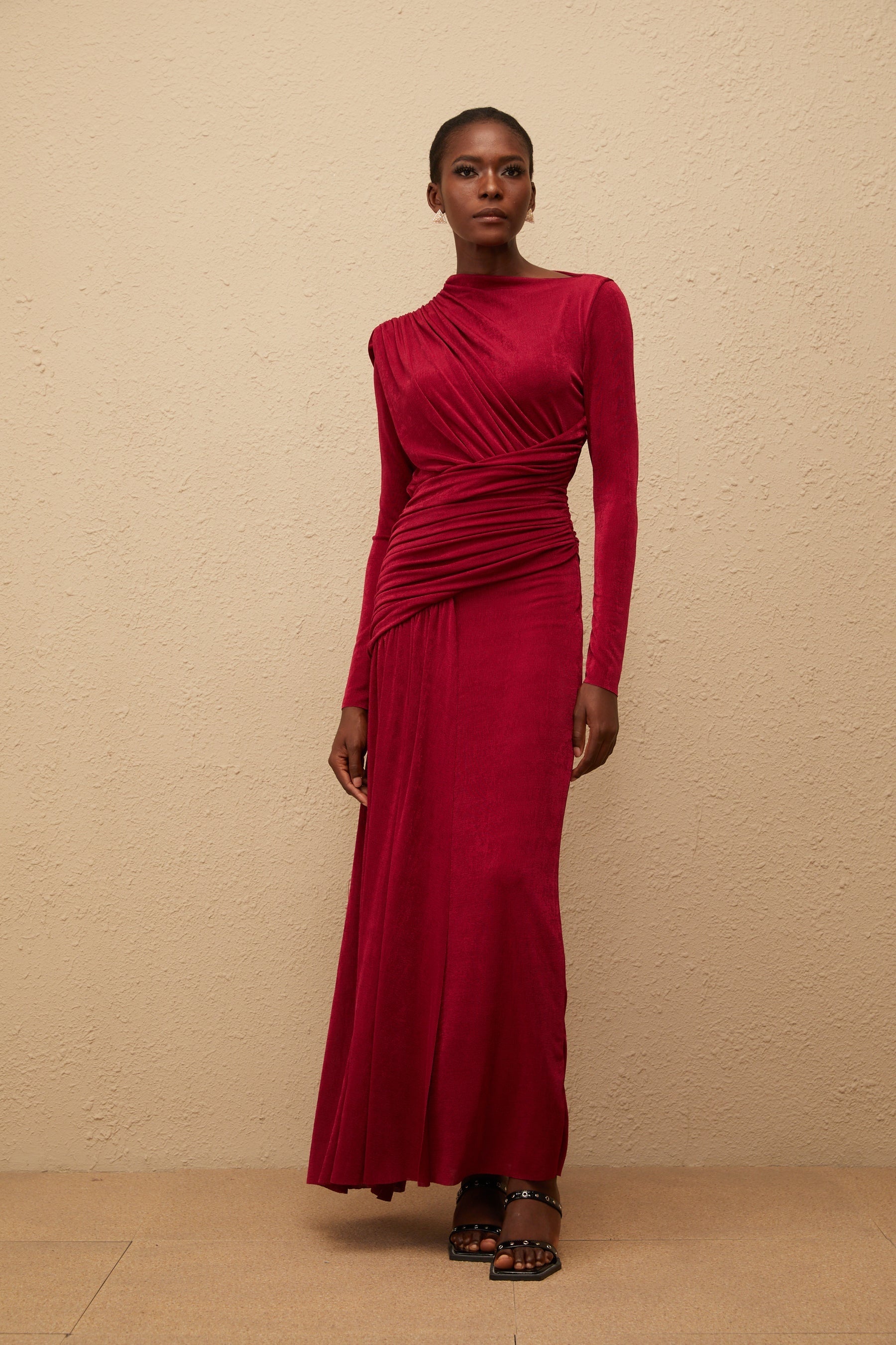 Charme Red Ruched Maxi Dress