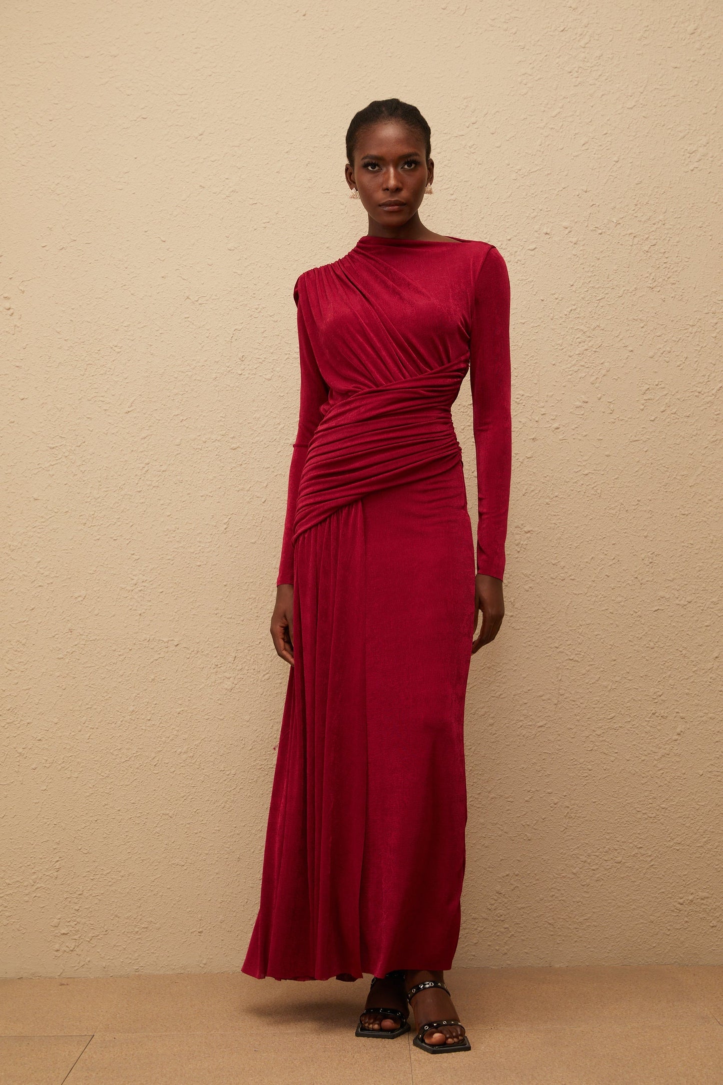 Charme Red Ruched Maxi Dress