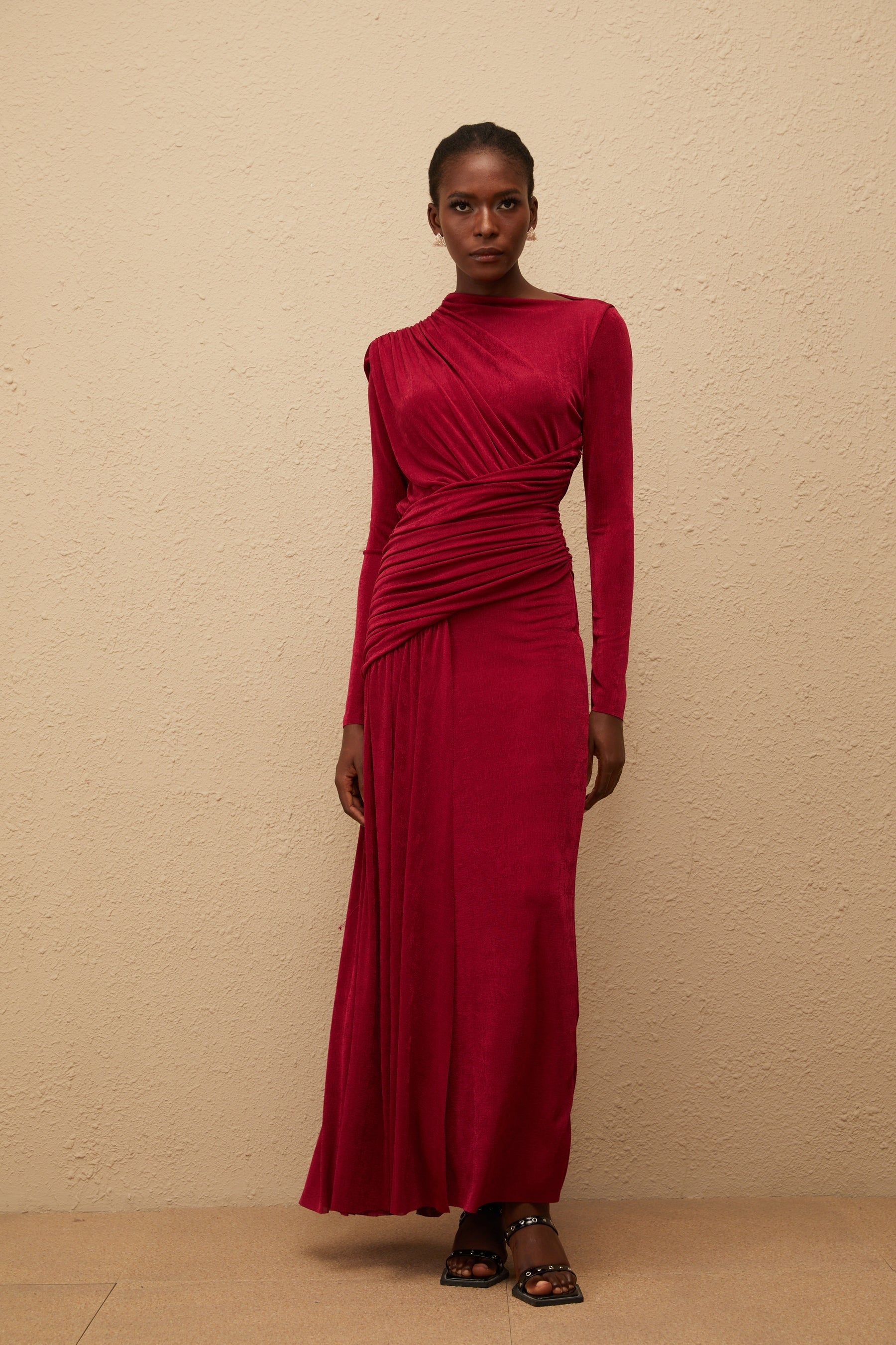 Charme Red Ruched Maxi Dress