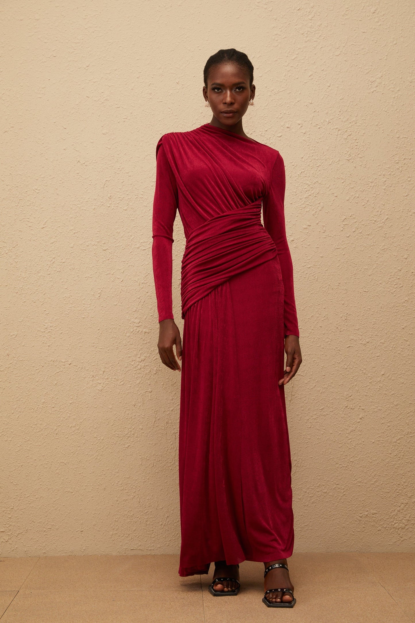 Charme Red Ruched Maxi Dress