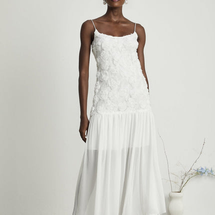 Chelsea Floral Maxi Dress White Sleeveless Square Neck Spaghetti Straps Pleat Detailing Rear Zip Fastening 100% Polyester