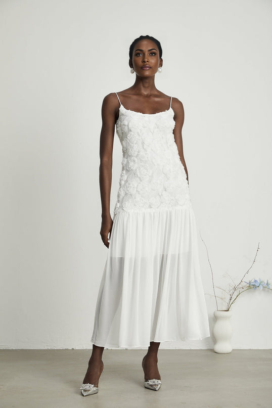 Chelsea Floral Maxi Dress White Sleeveless Square Neck Spaghetti Straps Pleat Detailing Rear Zip Fastening 100% Polyester