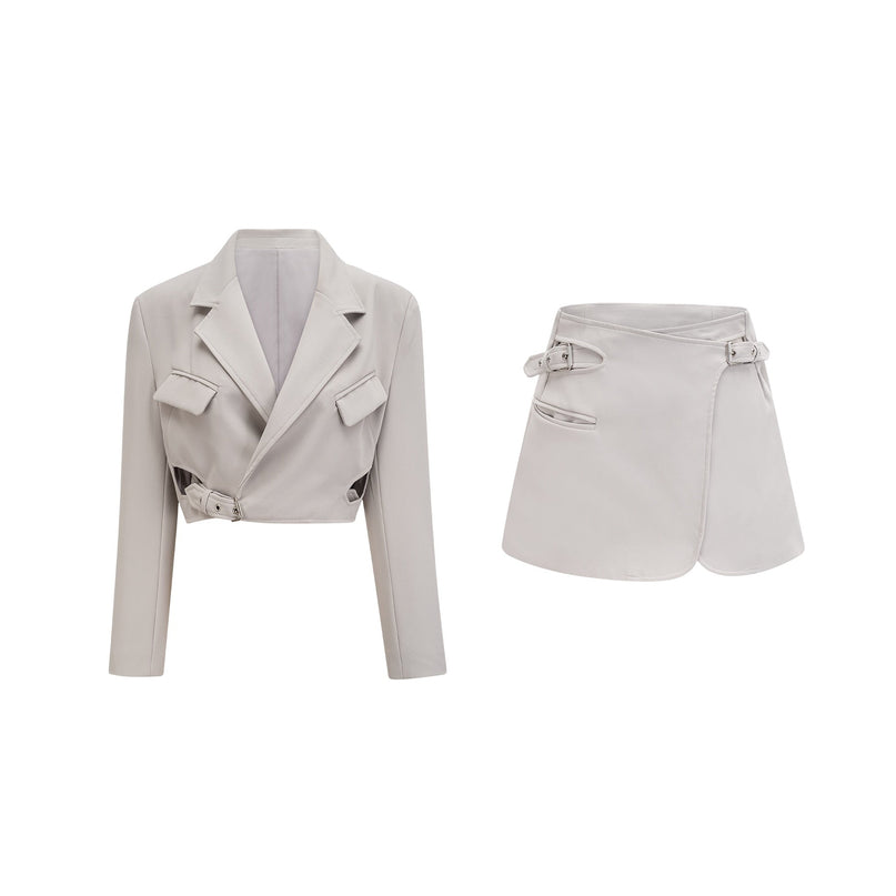 Chelsea Grey Wool Blend Blazer Skirt Set with Gold-Tone Hardware and Eyelet Detailing