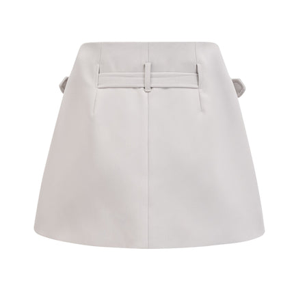 Chelsea Grey Wool Blend Blazer Skirt Set with Gold-Tone Hardware Eyelet Detailing and Buckle Fastening