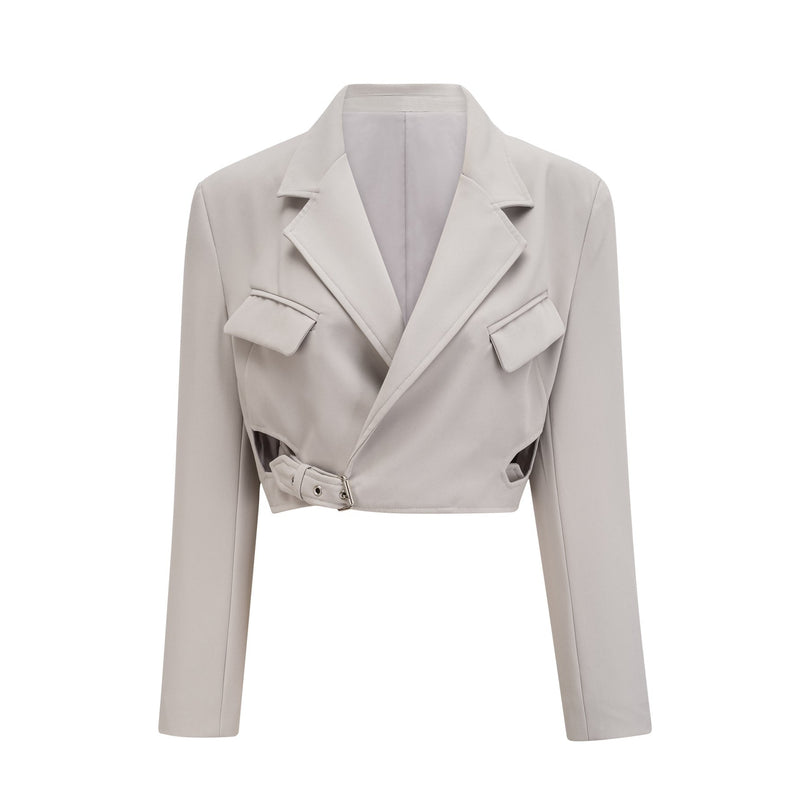 Chelsea Grey Wool Blend Blazer Skirt Set Gold Hardware Eyelet Detailing