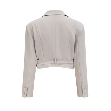 Chelsea Grey Wool Blend Blazer Skirt Set Gold Tone Hardware Buckle Fastening Eyelet Detailing