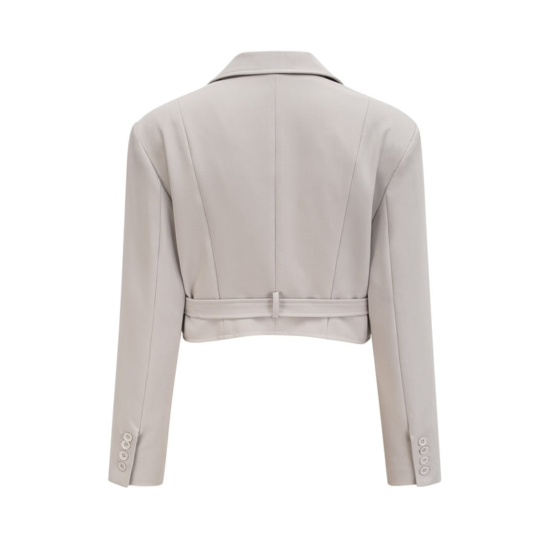 Chelsea Grey Wool Blend Blazer Skirt Set Gold Tone Hardware Buckle Fastening Eyelet Detailing