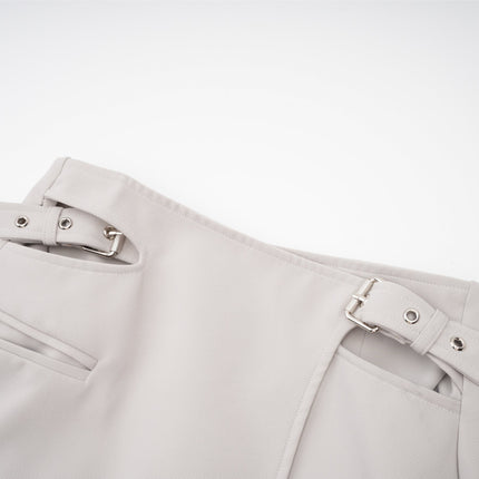 Chelsea Grey Wool Blend Blazer Skirt Set with Gold-Tone Hardware and Eyelet Detailing