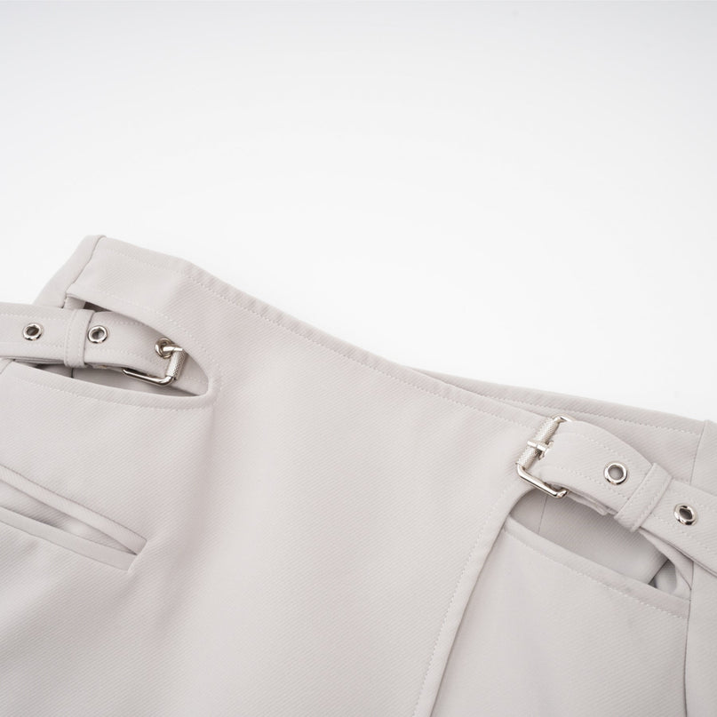 Chelsea Grey Wool Blend Blazer Skirt Set with Gold-Tone Hardware and Eyelet Detailing
