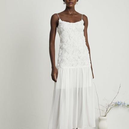 Chelsea White Floral Maxi Dress 100% Polyester Sleeveless Square Neck Spaghetti Straps Pleat Detailing Rear Zip Fastening Special Occasion Elegant Ensemble