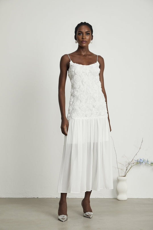Chelsea White Floral Maxi Dress 100% Polyester Sleeveless Square Neck Spaghetti Straps Pleat Detailing Rear Zip Fastening Special Occasion Elegant Ensemble