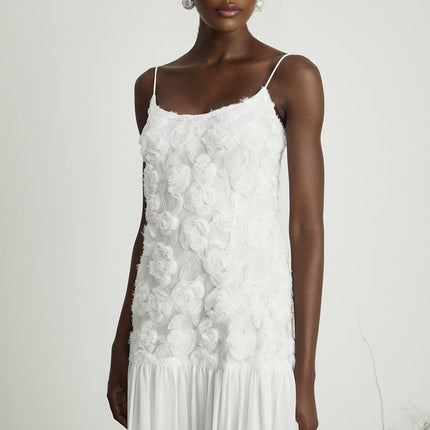 Chelsea White Floral Maxi Dress 100% Polyester Square Neck Spaghetti Straps Panelled Appliqué Delicate Floral Embellishments Pleat Detailing Maxi Length Rear Zip Fastening Special Occasion Elegant Chic Aesthetic