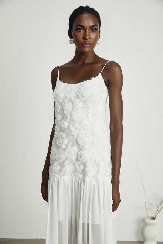 Chelsea White Floral Maxi Dress 100% Polyester Square Neck Spaghetti Straps Panelled Appliqué Delicate Floral Embellishments Pleat Detailing Maxi Length Rear Zip Fastening Special Occasion Elegant Chic Aesthetic