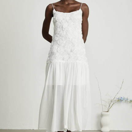 Chelsea White Floral Maxi Dress 100 Polyester Square Neck Spaghetti Straps Rear Zip Fastening Panelled Applique Delicate Floral Embellishments Pleat Detailing Maxi Length Sleeveless Elegant Luxurious Special Occasion Chic Aesthetic Exquisite Ensemble Refined Style Craftsmanship