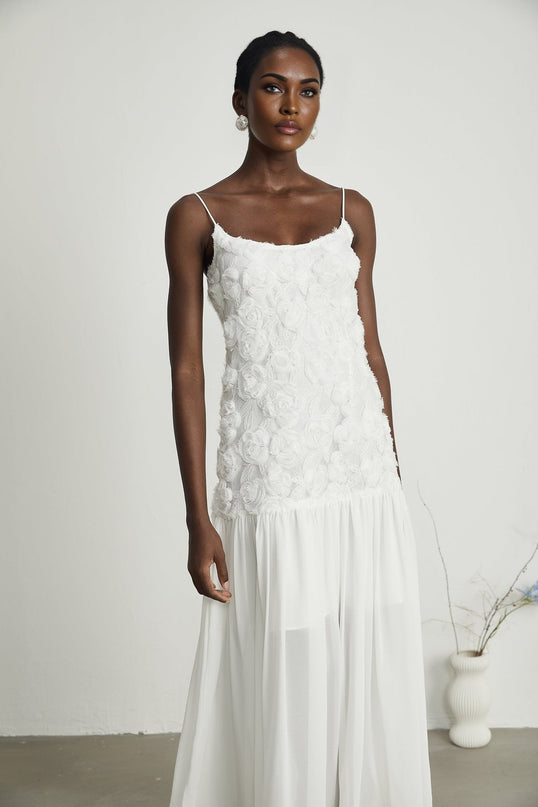 Chelsea White Floral Maxi Dress 100% Polyester Square Neck Spaghetti Straps Panelled Appliqué Detailing Elegant Pleat Detailing Rear Zip Fastening Special Occasion