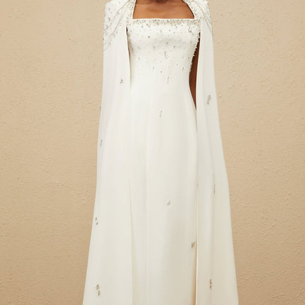 Chelsea White Gown Square-neck Cape Design with Faux Pearl Crystal and Bead Details