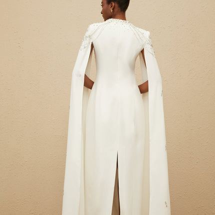 Chelsea White Gown Square-neck Cape Design with Faux Pearl Crystal Bead Details