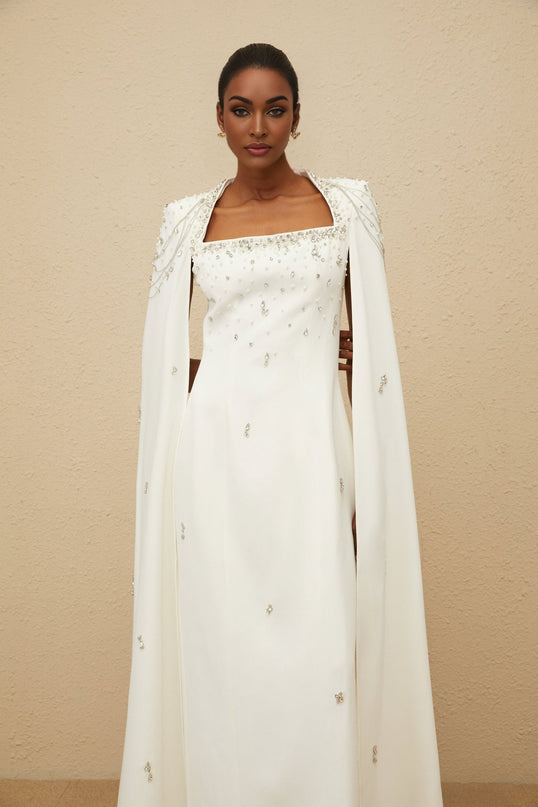 Chelsea White Gown Square-neck Cape Design