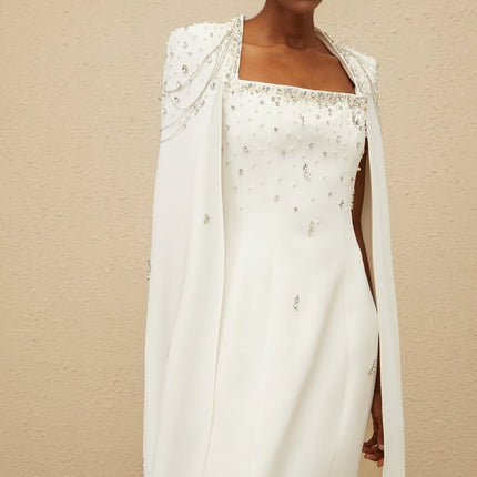 Chelsea White Gown Square-neck Cape Design with Faux Pearl, Crystal, and Bead Details