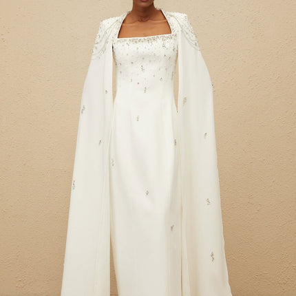 Chelsea White Gown Square-neck Cape Design