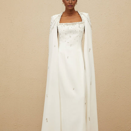 Chelsea White Square-neck Cape Gown with Faux Pearl and Crystal Details