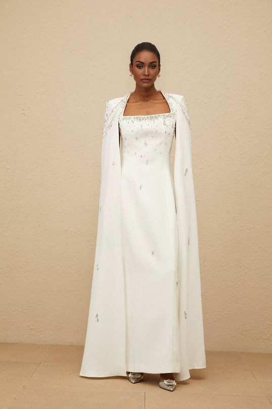 Chelsea White Square-neck Cape Gown with Faux Pearl and Crystal Details