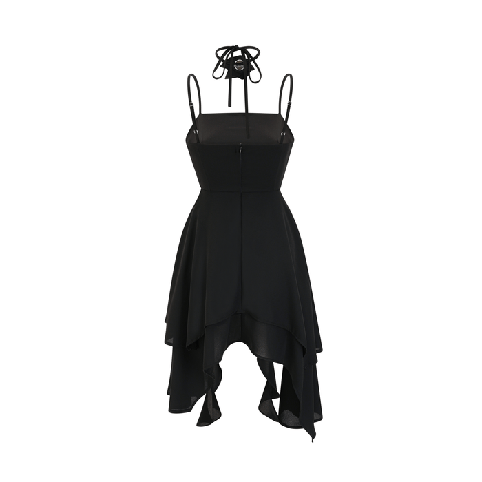 Black dress with spaghetti straps square neckline floral cut rear zip and flower decoration at neckline