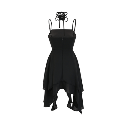 Black dress with spaghetti straps square neckline floral cut rear zip and flower decoration at neckline