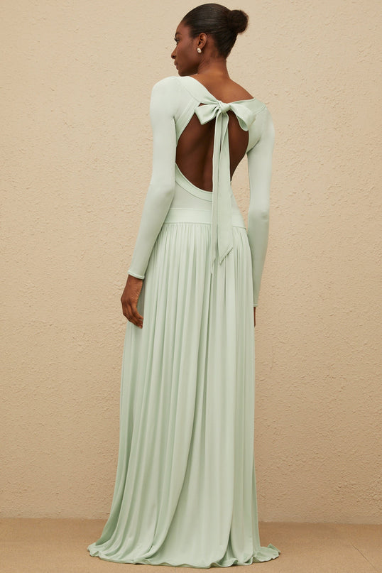 Cherish Green Maxi Dress in Mint with Open Back and Long Sleeves