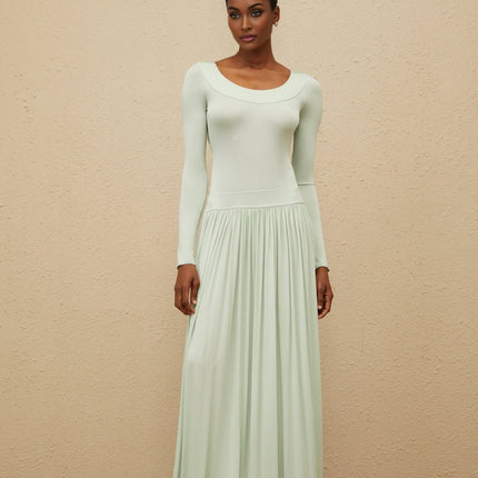 Cherish Green Maxi Dress in Mint Green Viscose Elastane Fitted Waist Open Back Long Sleeves Shirred Effect Side Zip Fastening Maxi-Length Skirt Elegant Luxury