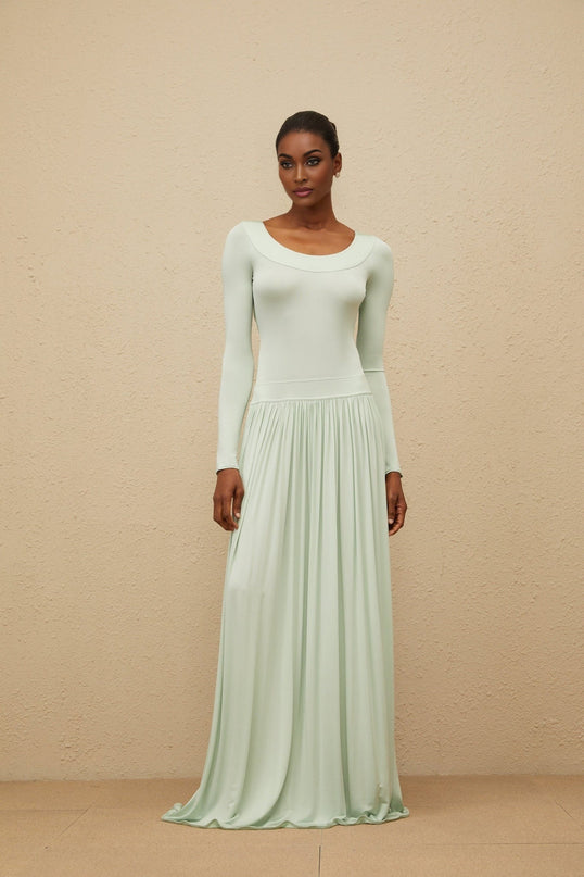 Cherish Green Maxi Dress in Mint Green Viscose Elastane Fitted Waist Open Back Long Sleeves Shirred Effect Side Zip Fastening Maxi-Length Skirt Elegant Luxury