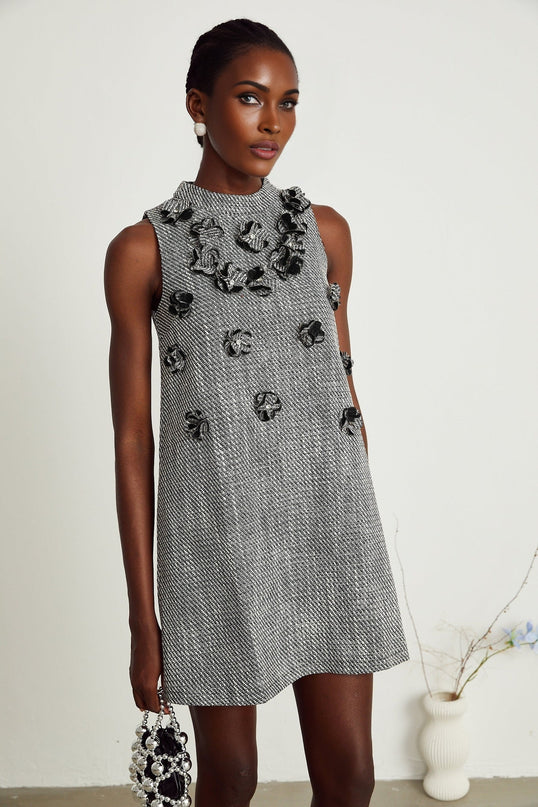 Cherish Grey A-Line Mini Dress with Faux-Flower Detailing