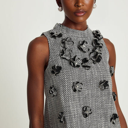Cherish Grey A-Line Mini Dress with Faux-Flower Detailing