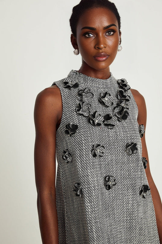 Cherish Grey A-Line Mini Dress with Faux-Flower Detailing