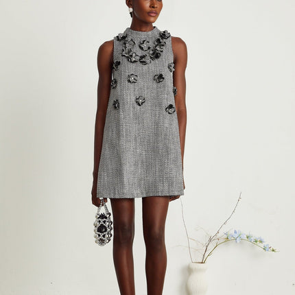 Cherish Grey A-Line Mini Dress with Faux-Flower Detailing