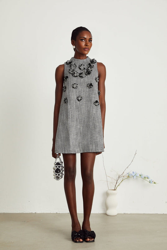 Cherish Grey A-Line Mini Dress with Faux-Flower Detailing