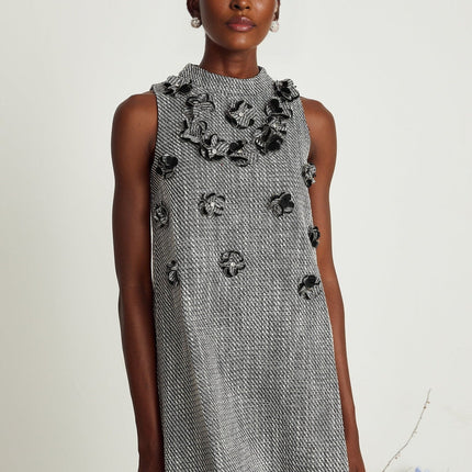 Cherish Grey A-Line Mini Dress with Faux-Flower Detailing