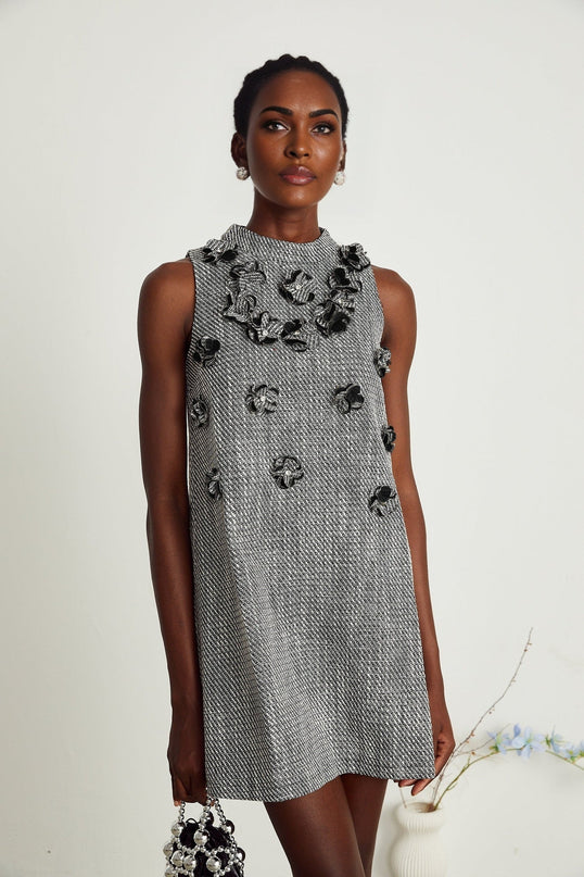 Cherish Grey A-Line Mini Dress with Faux-Flower Detailing