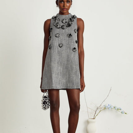 Cherish Grey A-Line Mini Dress with Faux-Flower Detailing