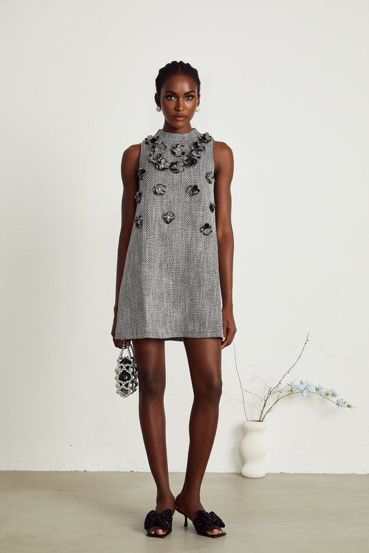 Cherish Grey A-Line Mini Dress with Faux-Flower Detailing
