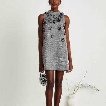 Cherish Grey A-Line Mini Dress with Faux Flower Detailing