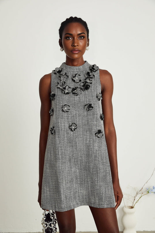 Cherish Grey A-Line Sleeveless Mini Dress with Faux-Flower Detailing