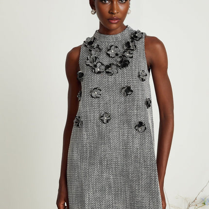Cherish Grey A-Line Sleeveless Mini Dress with Faux-Flower Detailing