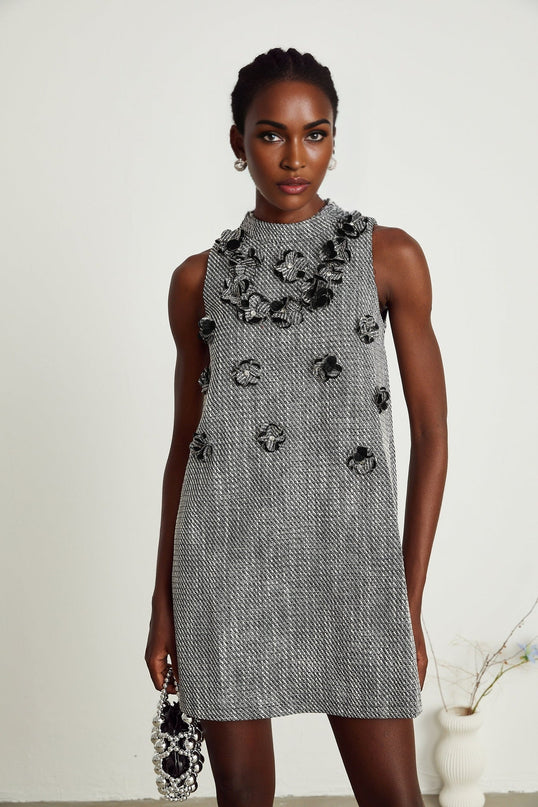 Cherish Grey A-Line Sleeveless Mini Dress with Faux-Flower Detailing