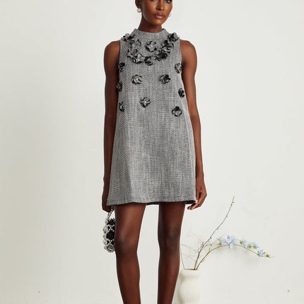 Cherish Grey A-Line Sleeveless Mini Dress with Faux-Flower Detailing