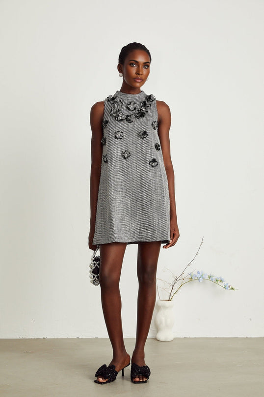 Cherish Grey A-Line Sleeveless Mini Dress with Faux-Flower Detailing