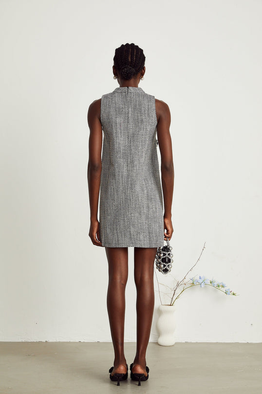 Cherish Grey A-Line Sleeveless Mini Dress with Faux-Flower Detailing