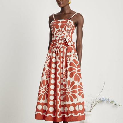 Cherish Red Graphic Print Midi Dress with Waist Tie